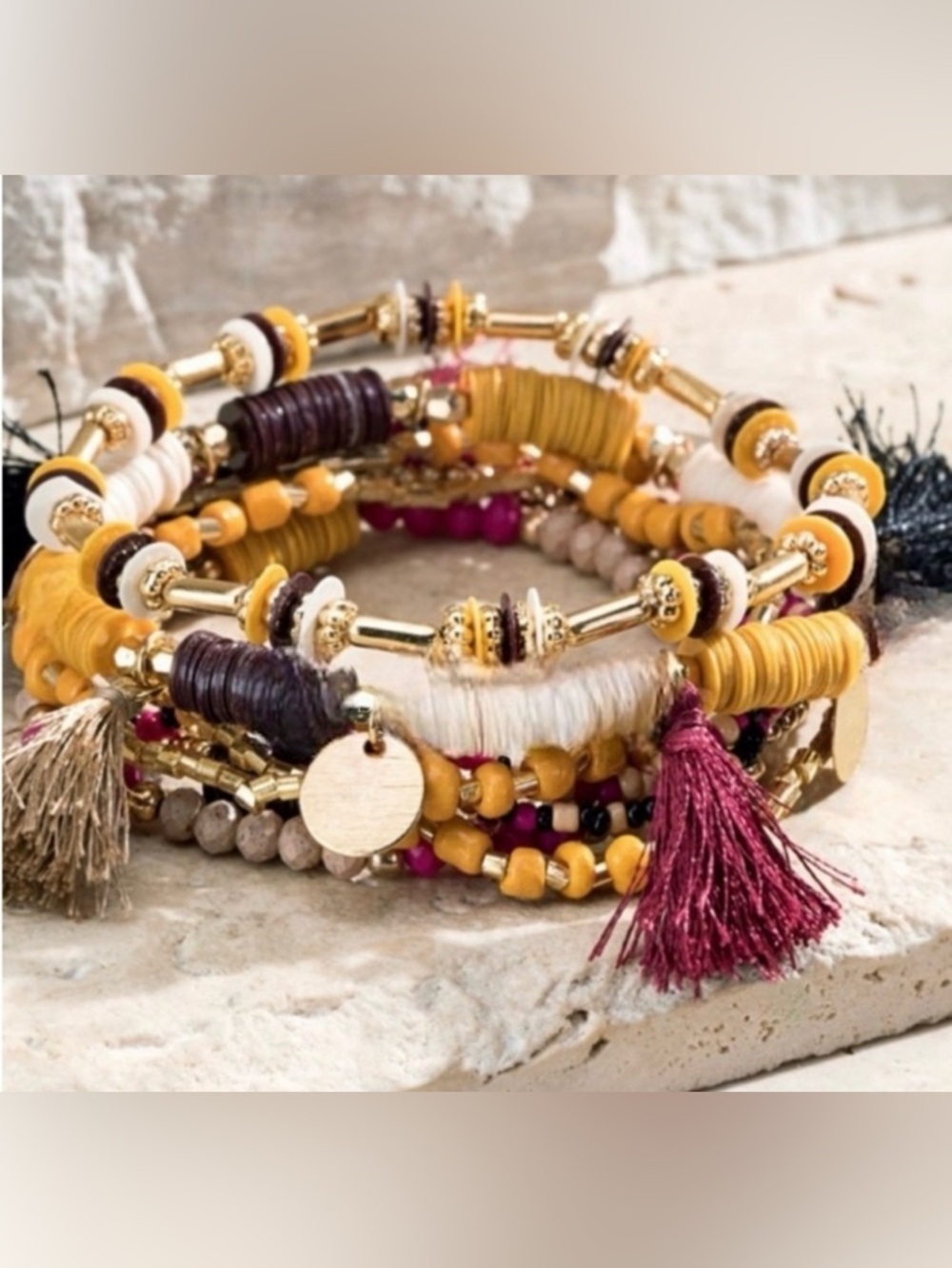 🍁New Fall🍁 Boho Yellow, Fuchsia And Tan Multi Strand Tassel Beaded Bracelet